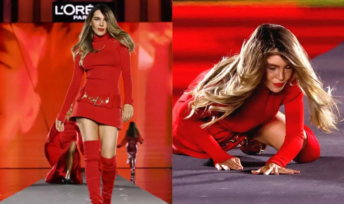Belinda sufre aparatosa caída en desfile de modas en París