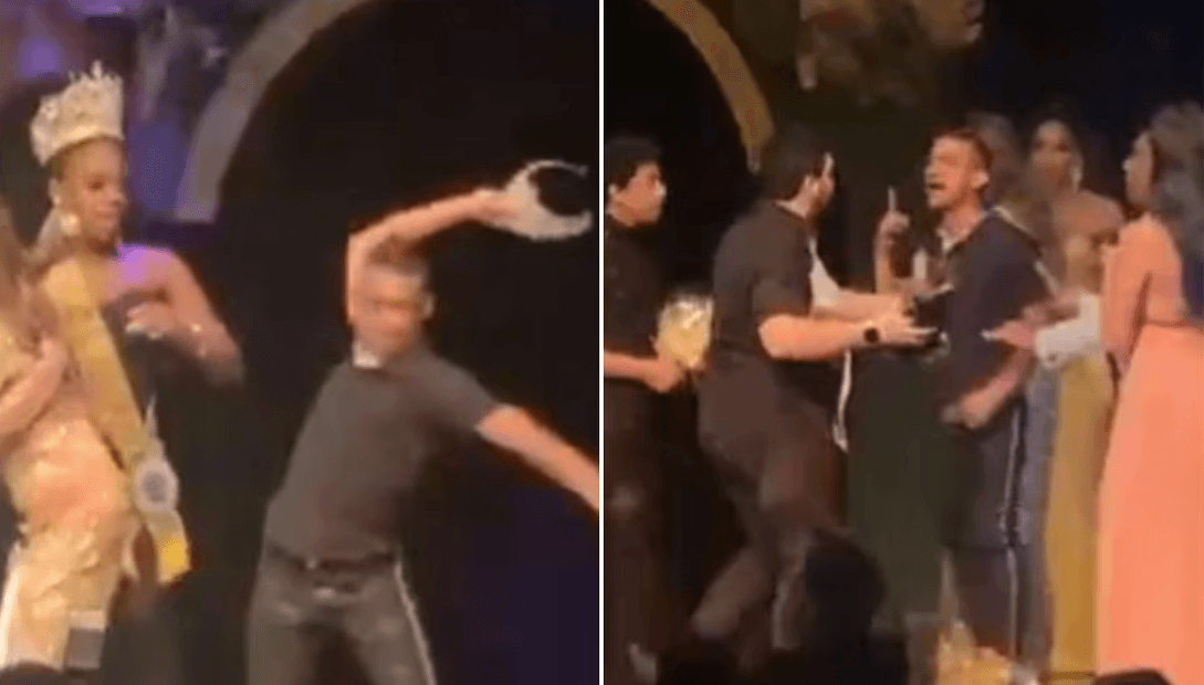 Esposo de reina de belleza rompe la corona en pleno concurso